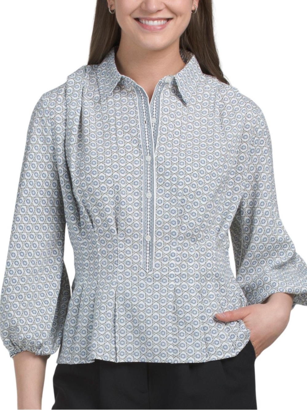Max Studio Light Blue Geometric Puff Sleeve Peplum Blouse